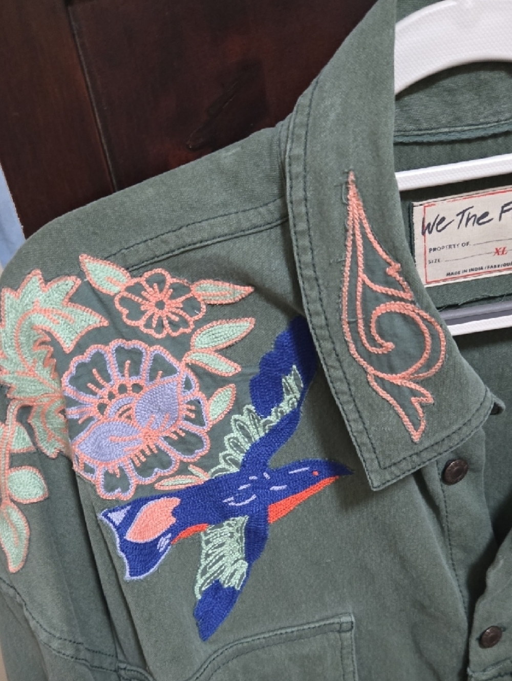 We The Free Olive Green Button-Up Shirt with Multicolor Embroidery - Picture 2 of 9